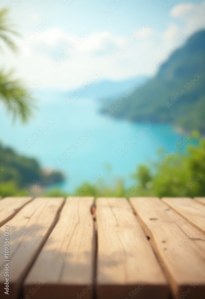 Poster empty wooden table top with blurred nature background. calm sunny day in nature with sea and mountai