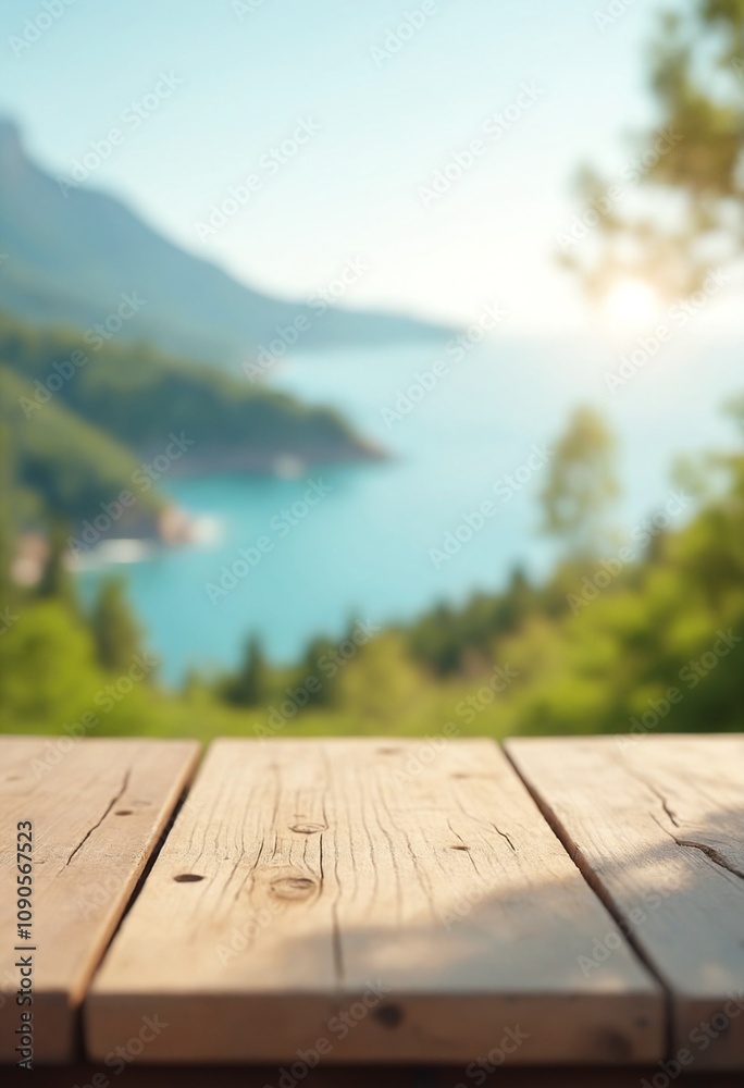 Poster empty wooden table top with blurred nature background. calm sunny day in nature with sea and mountai