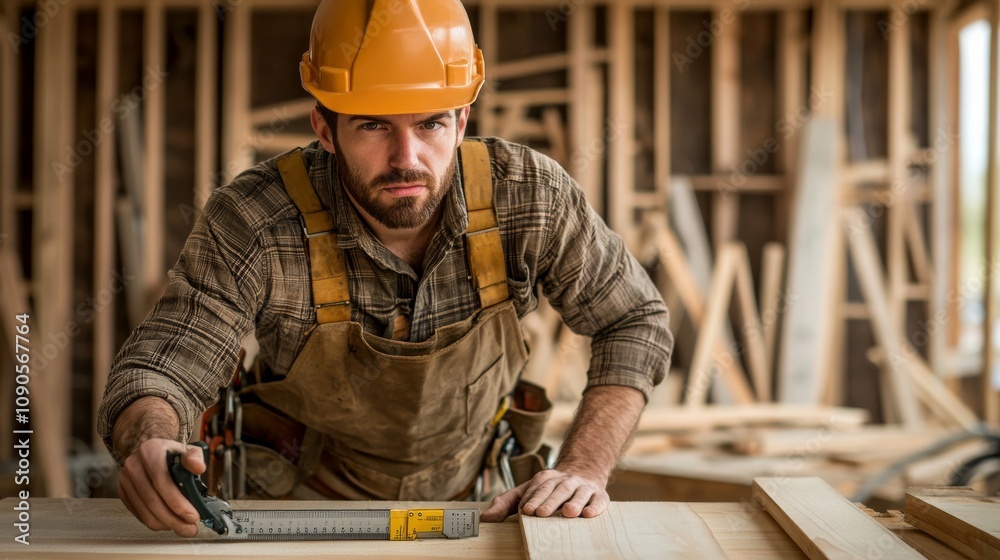 Poster close-up of a construction carpenter in a brown hard hat and tool belt, measuring wood with a calipe