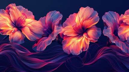 Fototapeta premium Vibrant hibiscus flowers on abstract waves.