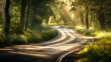 Obraz premium Sunbeams illuminate a winding road through a lush green forest.