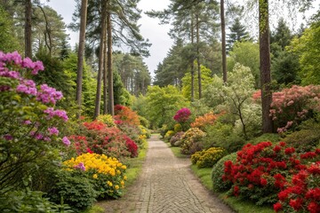 A colorful garden path lined with blooming flowers and surrounded by tall trees and lush greenery, flower arrangement, park scenery, ornamental plants, verdant landscape