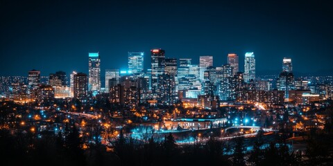 Fototapeta premium Nighttime view showcasing a vibrant skyline, featuring a captivating perspective from the hills overlooking the downtown area, offering a stunning display of city lights and architecture.