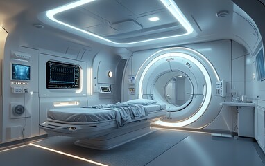 A hightech MRI machine in a sterile hospital environment, designed for precision diagnostics, with an immaculate, clean room setup and advanced imaging tools