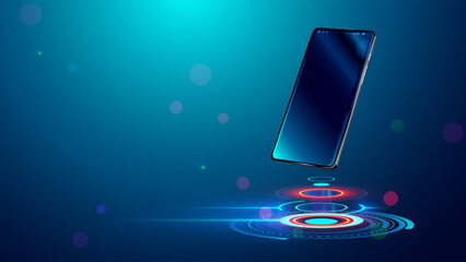Phone on tech circle stage. Phone mockup on futuristic podium. Phone in air over podium for presentation. Smartphone or gadget mockup advertising on future digital platform. HUD stage design.