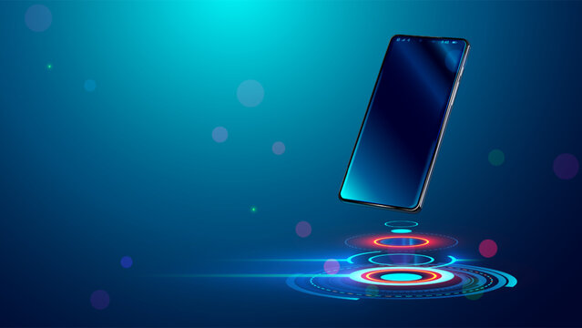 Phone on tech circle stage. Phone mockup on futuristic podium. Phone in air over podium for presentation. Smartphone or gadget mockup advertising on future digital platform. HUD stage design.