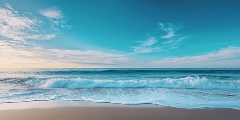 Fototapeta premium Scenic view of the seashore with a vibrant horizon featuring a blue sky. This captivating sea landscape is perfect for travel enthusiasts seeking serene coastal imagery.