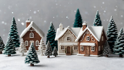 Fototapeta premium Winter. A Christmas card. Beautiful ceramic Scandinavian houses and Christmas trees. Festive mood, Christmas, New Year 2025