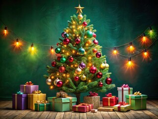 Festive Christmas Greeting Card Design with Decorated Tree and Gifts on Dark Green Background for Holiday Celebrations and Seasonal Greetings