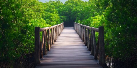 Obraz premium Wooden walkway bridge leading through the enchanting mangroves, offering a serene perspective of the lush mangrove surroundings and inviting nature exploration along the wooden bridge.