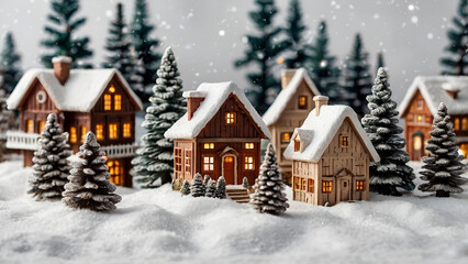 Fototapeta premium Winter. A Christmas card. Beautiful ceramic Scandinavian houses and Christmas trees. Festive mood, Christmas, New Year 2025