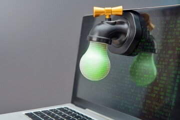 A laptop and a faucet with binary code. Data leaks and cybersecurity concept.