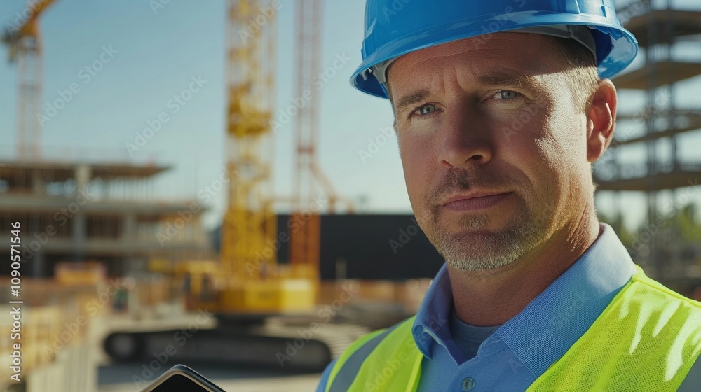 Poster close-up of a construction project manager in a blue hard hat and yellow vest, reviewing project pla