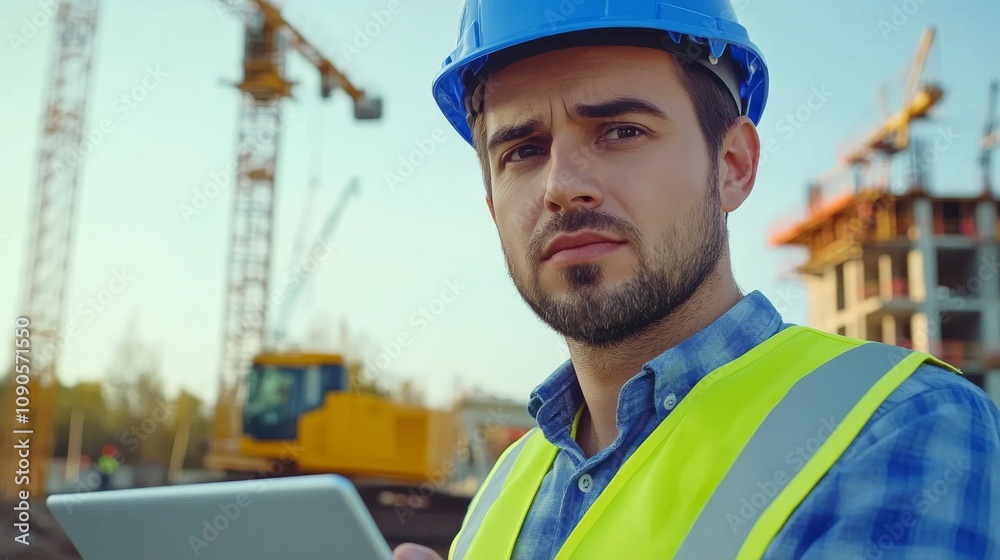 Poster close-up of a construction project manager in a blue hard hat and yellow vest, reviewing project pla