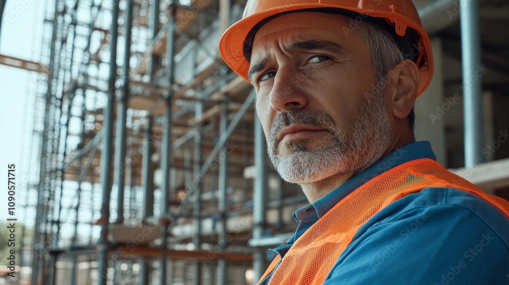 Poster close-up of a construction safety inspector in an orange hard hat and blue safety vest, inspecting s
