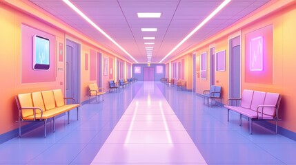 Vibrant and Futuristic Hospital Corridor with Colorful Seating and Modern Design Elements, Perfect for Illustrating Healthcare Concepts and Interior Architecture