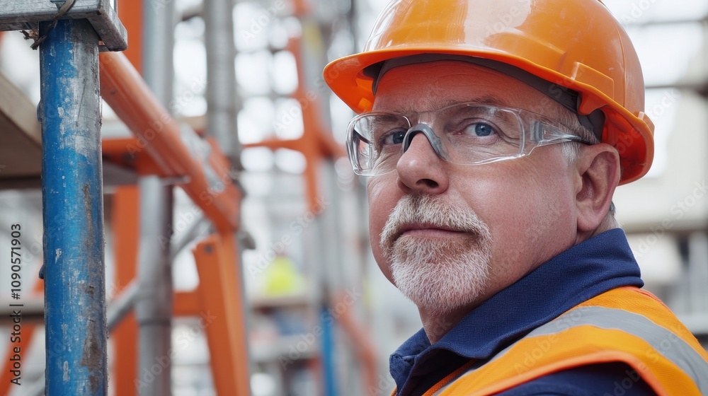 Poster close-up of a construction safety inspector in an orange hard hat and blue safety vest, inspecting s