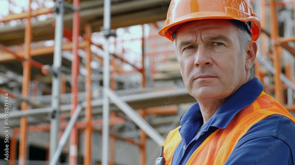 Poster close-up of a construction safety inspector in an orange hard hat and blue safety vest, inspecting s