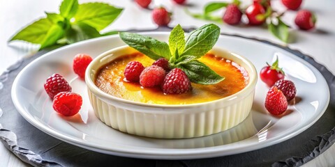 Indulgent Creamy Brulee Dessert on Elegant White Plate - Delicious Culinary Delight, Gourmet Dessert, Rich Flavor, Sweet Treat, Exquisite Presentation