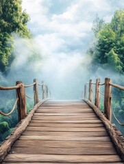 Fototapeta premium A serene wooden bridge leads into a misty forest, inviting exploration and tranquility.