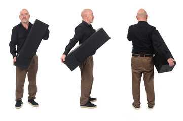 various poses of  same standing man holding speaker on white background