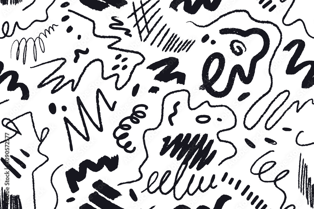 Poster scribbles and doodles, seamless pattern. endless background drawing, black and white ink lines. abst