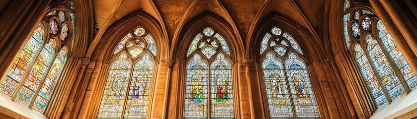 Fototapeta premium Stained glass windows depicting religious scenes in a grand architectural setting.