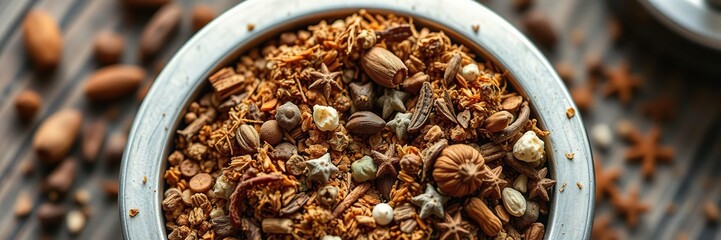 Aromatic spices and herbs in a metal spice grinder container, metal spice grinder, food processor