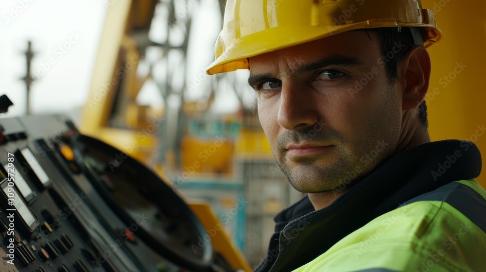 Poster close-up of a construction site crane operator in a yellow hard hat and work jacket, operating crane