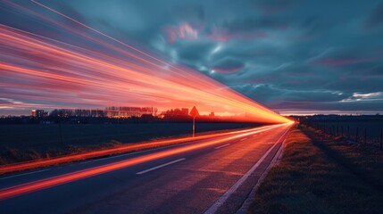 Obraz premium Dramatic sunset light trails on a rural road.