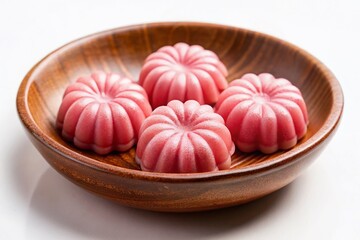 Perfectly Shaped Pink Jellies in a Brown Ceramic Dish, Symmetrically Arranged and Isolated on White Background for Culinary and Food Photography