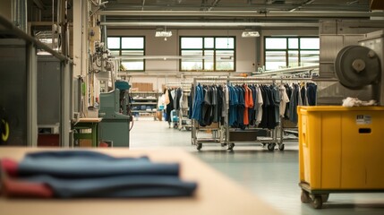 A spacious industrial workspace with clothing racks and neatly folded fabric.