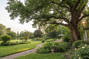 Obraz premium A serene and idyllic garden scene with a large tree and lush greenery, garden, sunny, serene scenery, flower fields, beautiful scenery