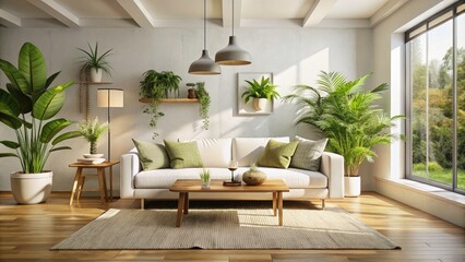 Fototapeta premium Minimalist Living Room Interior Design with White Sofa, Green Plants, Natural Light, Modern Decor, Cozy Atmosphere, Stylish Furniture, Serene Ambiance, Home Aesthetics, Relaxing Space
