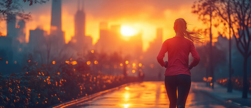 Woman Jogging at Sunrise in City Park