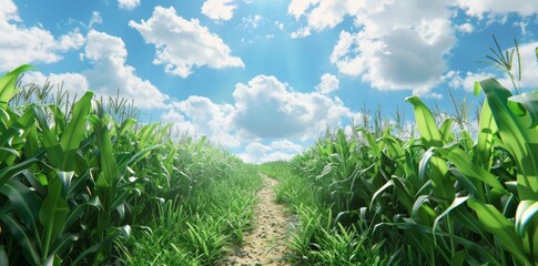 Obraz premium a lush green field under a clear blue sky with fluffy white clouds 