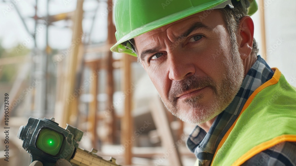 Poster close-up of a construction site supervisor in a green hard hat and reflective vest, using a laser le