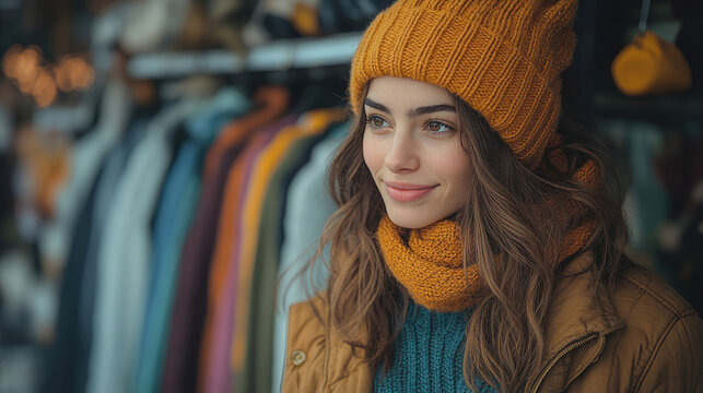 Young Woman Shopping for Winter Clothes at a Thrift Store
