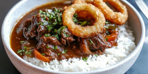 Savory beef stew served alongside rice and crispy onion rings creates a delightful combination. Enjoy the rich flavors of this delicious beef stew with the perfect accompaniment of rice and onion