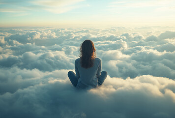 Woman sits peacefully on clouds during sunrise, enjoying the serene beauty of the sky