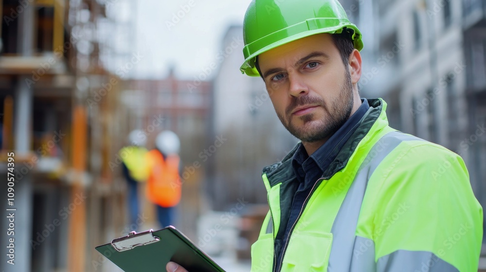 Poster close-up of a construction supervisor in a green hard hat and high-visibility jacket, holding a clip