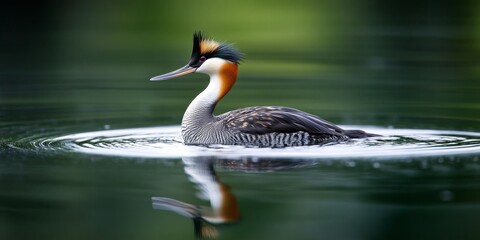 Great crested grebe engaged in fishing activities on a serene lake, showcasing its skillful hunting techniques while searching for food in the calm waters of the lake.