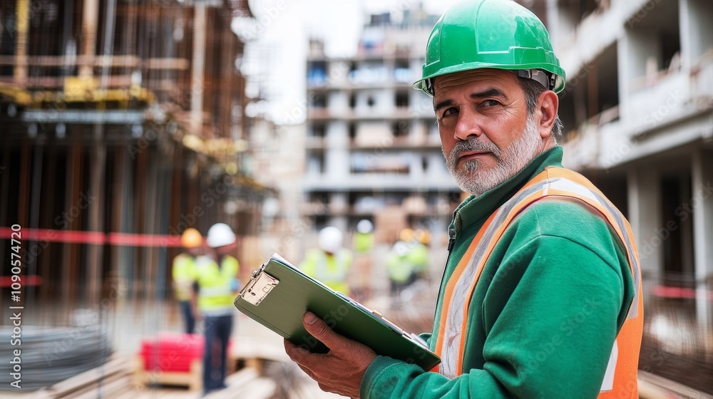 Poster close-up of a construction supervisor in a green hard hat and high-visibility jacket, holding a clip