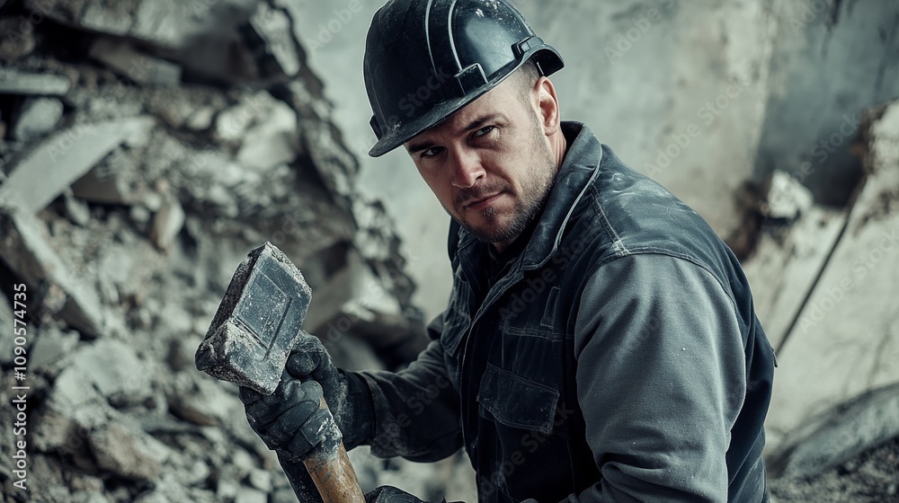 Poster close-up of a construction worker in a black hard hat and gray work uniform, operating a jackhammer 