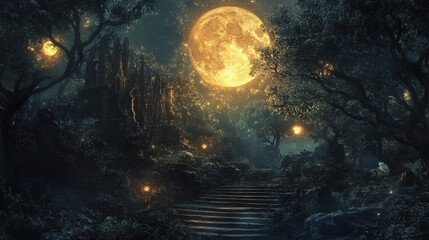 Fototapeta premium A mystical forest illuminated by a vibrant full moon, adorned with glowing lights and lush greenery creating an enchanting atmosphere.