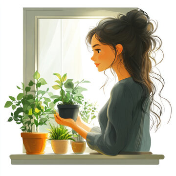 Woman tending to indoor plants by a window