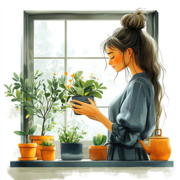 Woman tending to potted plants by a sunlit window