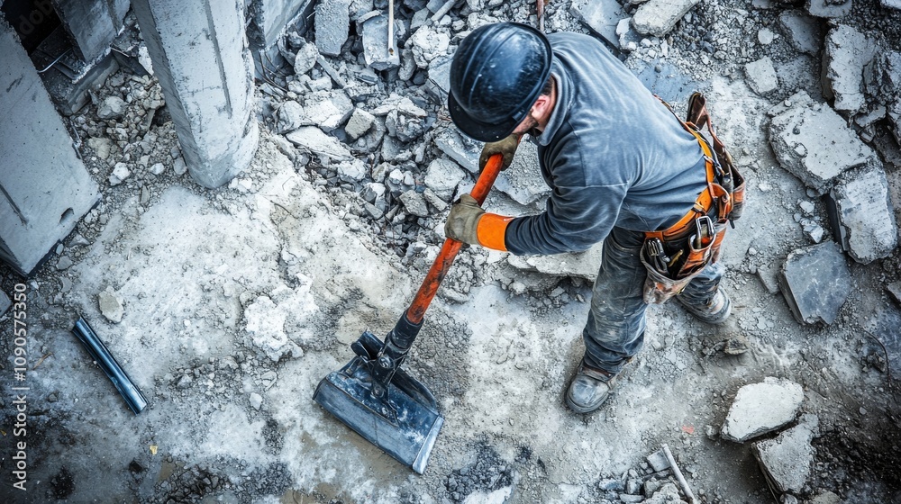 Poster close-up of a construction worker in a black hard hat and gray work uniform, operating a jackhammer 