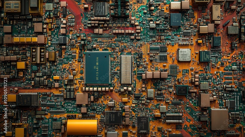 Poster detailed close-up of a complex circuit board with various electronic components and colorful pattern