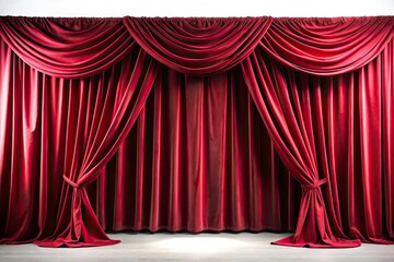 Fototapeta premium Red Velvet Curtain Isolated on White Background - Theater Stage, Cinema Performance, Dramatic Show, Elegant Drapery, Stage Design, Performing Arts, Red Fabric, Event Backdrop